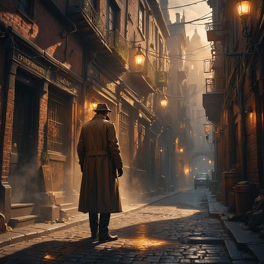Mystical Detective Scene in a Fantasy Alleyway