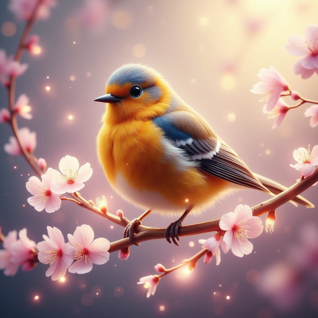 Vibrant Bird Perched on Cherry Blossom Branch in Dreamy Spri...