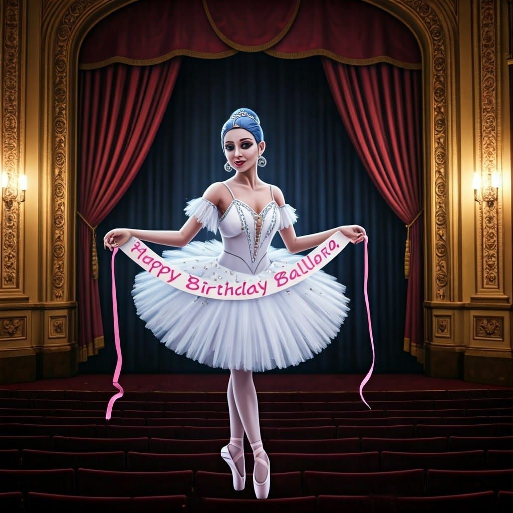 Ballerina with Birthday Banner in Vintage Theatre