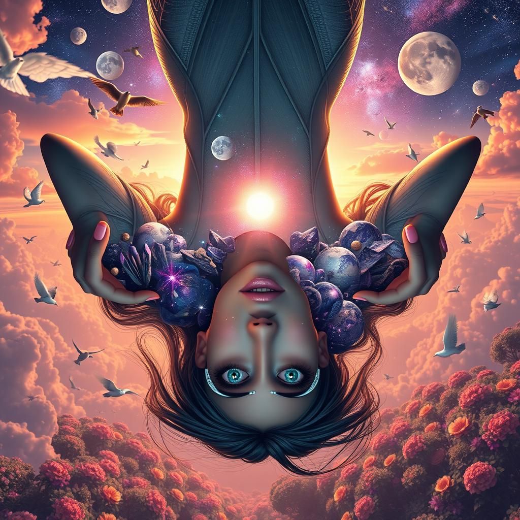 Woman Holding Cosmos in Surreal Universe