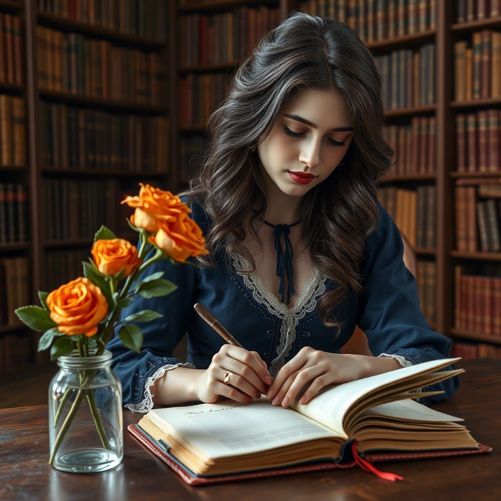 Elegant Woman in Cozy Library Setting