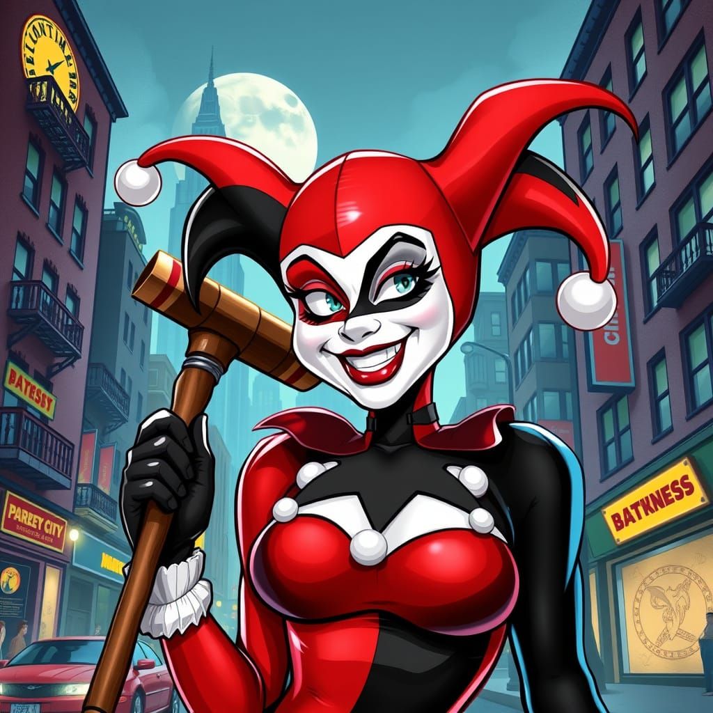 Cartoon-Inspired Harley Quinn Portrait in Gotham City