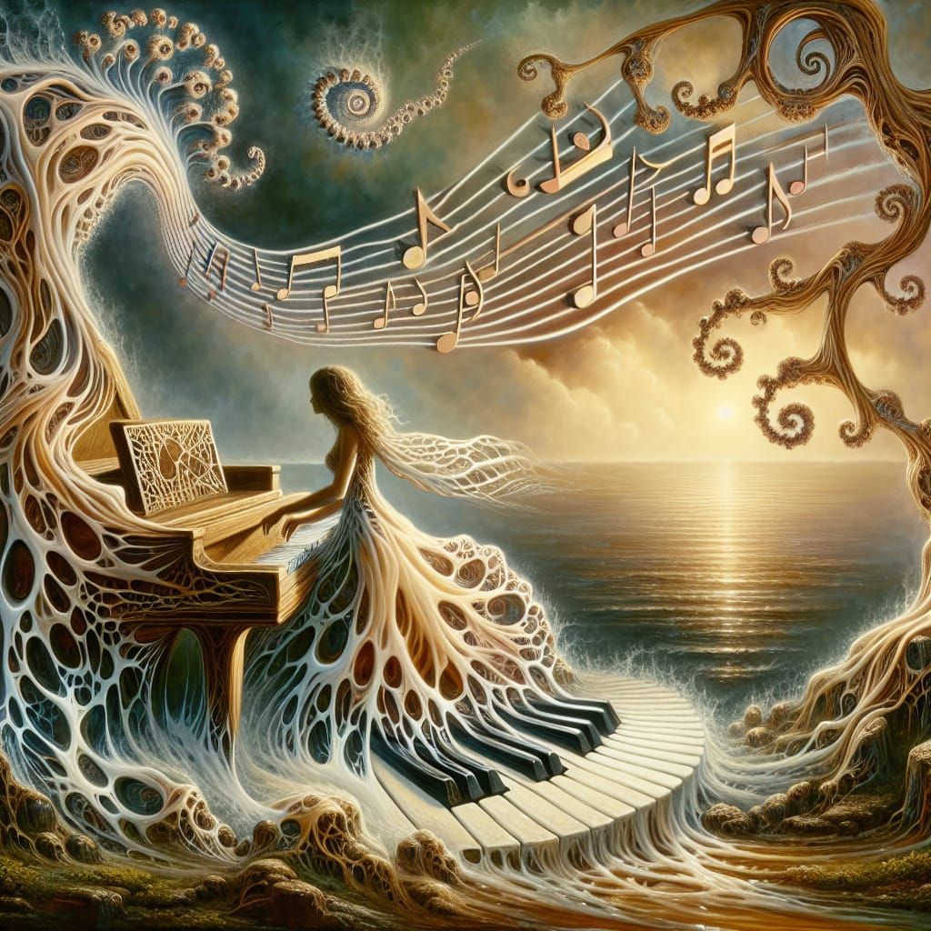 Dreamy Pre-Raphaelite Girl Plays Piano by the Ocean