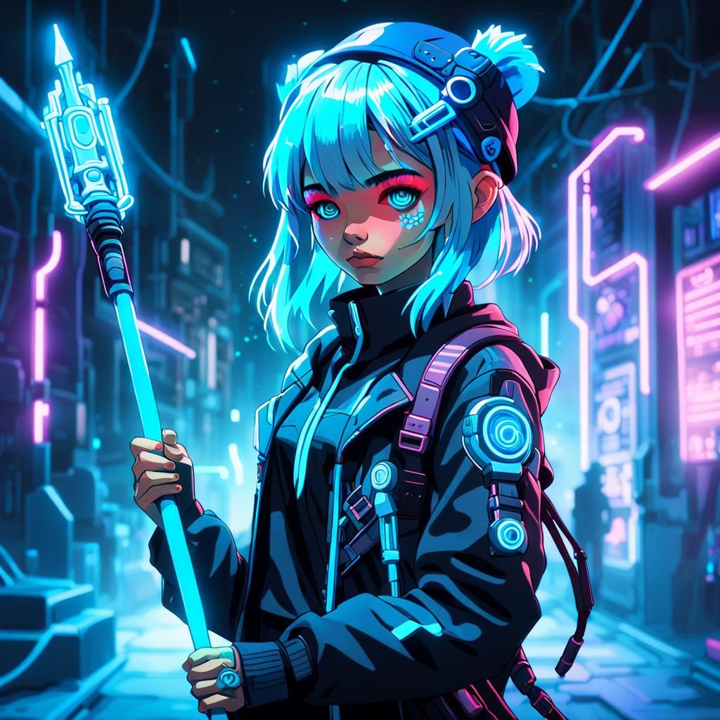 Cyberpunk Girl with Phosphorescent Hair and Staff