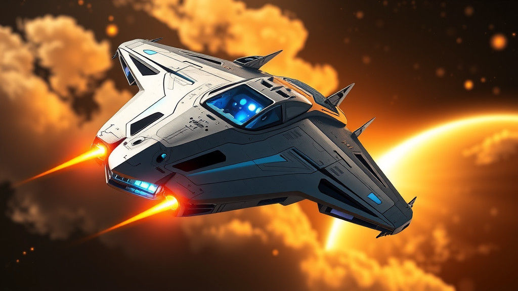 Sleek Spaceship Hurtles Through Cosmos with Fiery Engines