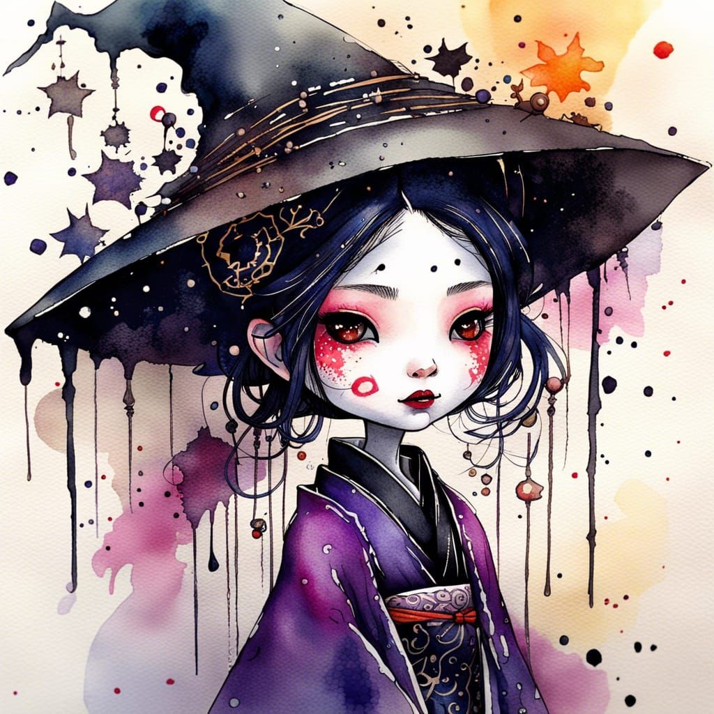Gothic Geisha Witch Watercolor Fantasy Illustration