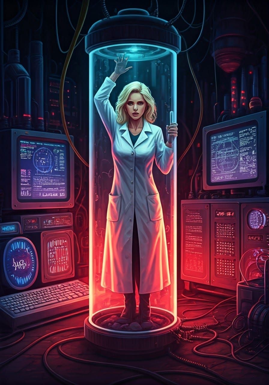 Blonde Lab Assistant Trapped in Glass Tube