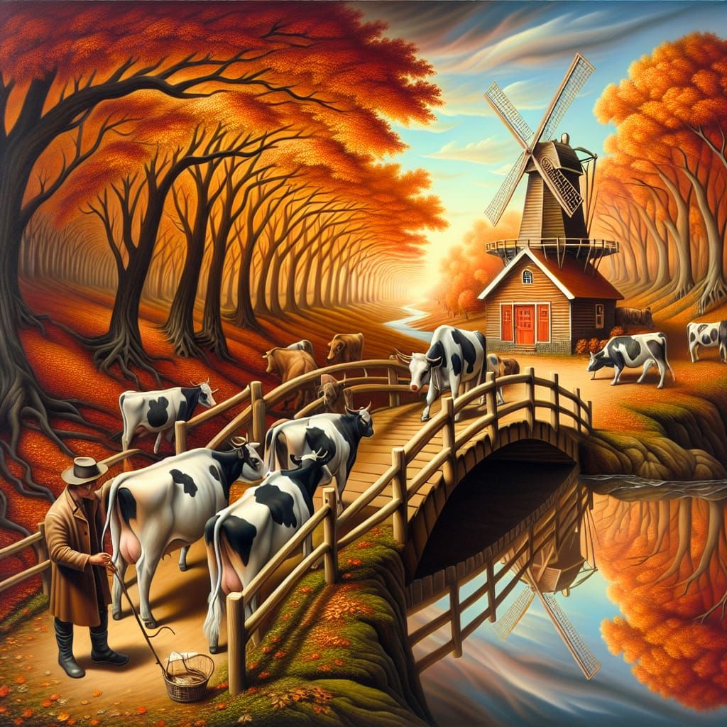 Autumnal Scene with Cows in Surrealist Style