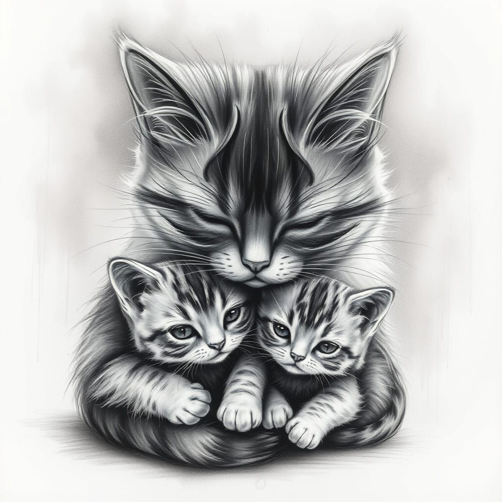 Mother Cat Protecting Kittens in Charcoal Whimsy