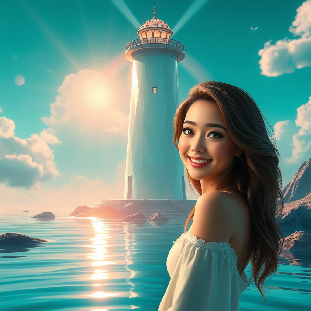 Crystal Lighthouse on Alien Shore in Pixar Style