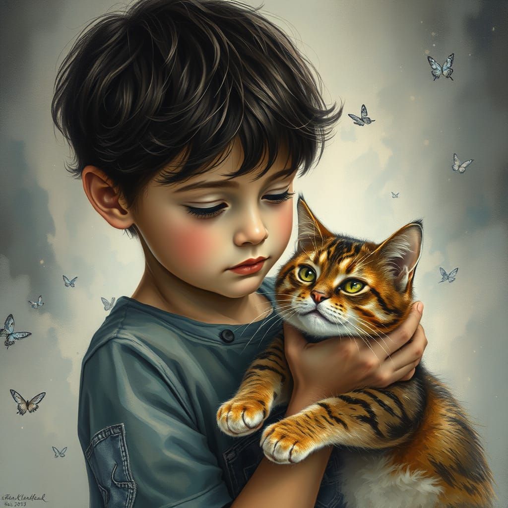 Boy and Cat in Ethereal Gouache Charcoal Style