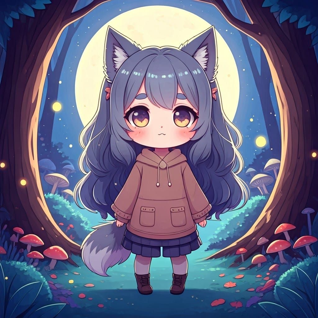 Chibi Werewolf Girl in Moonlit Forest: Pastel Illustration