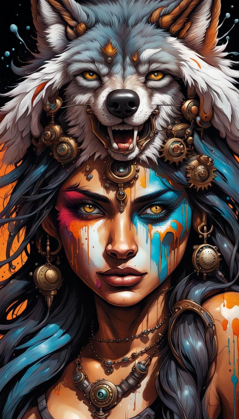 Indian Woman Wolf Face Paint Graffiti Art