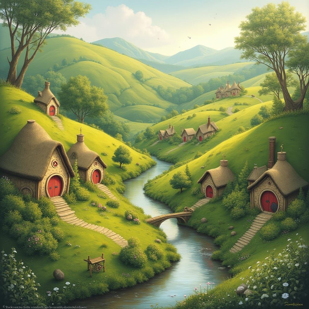 Whimsical Hobbit Village Amidst Rolling Hills and Dappled Fo...