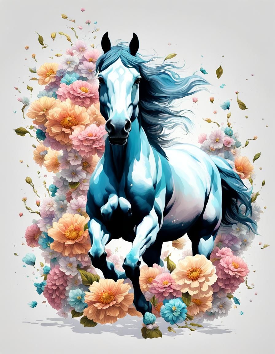 Vintage Horse with Pastel Flowers, Detailed Matte Painting
