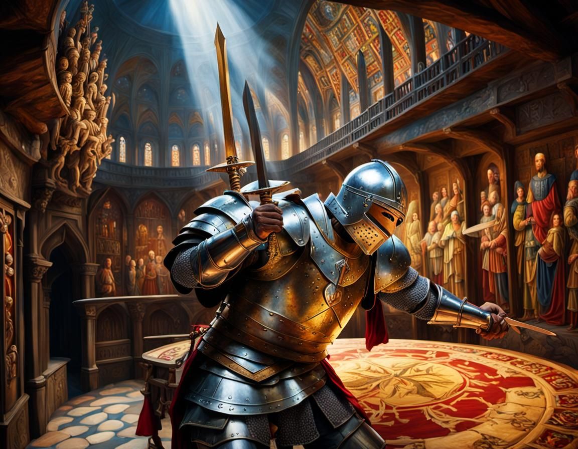 Knight at Round Table in Hyperrealistic Splash Art