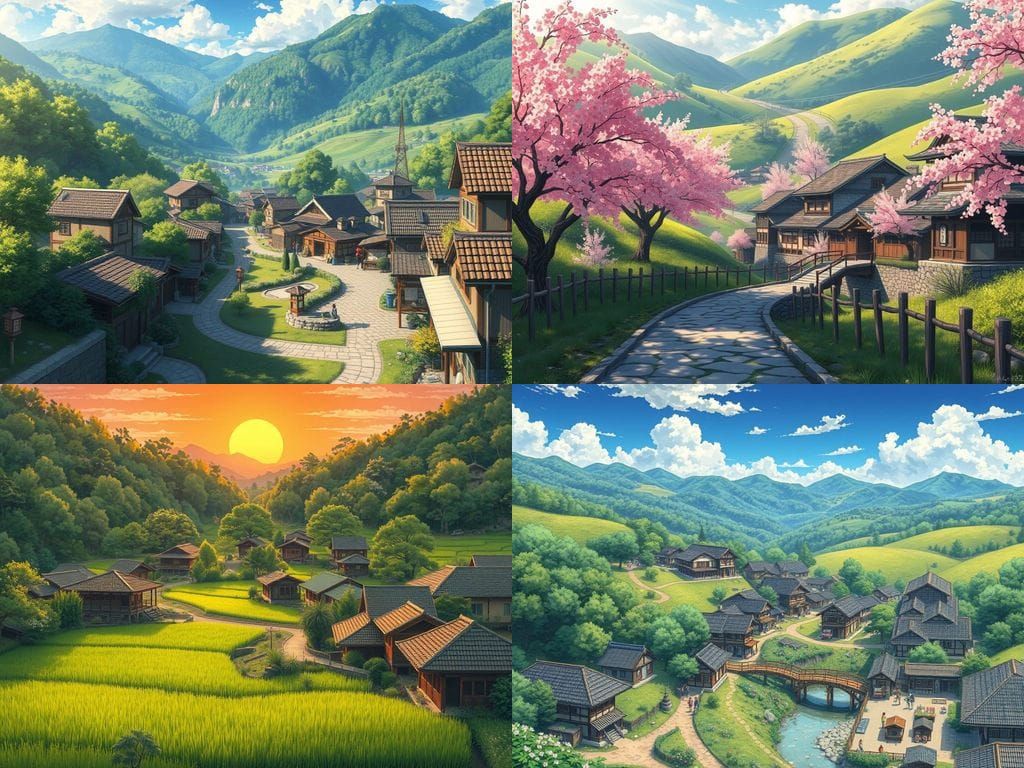 Whimsical Countryside Village in Anime Style