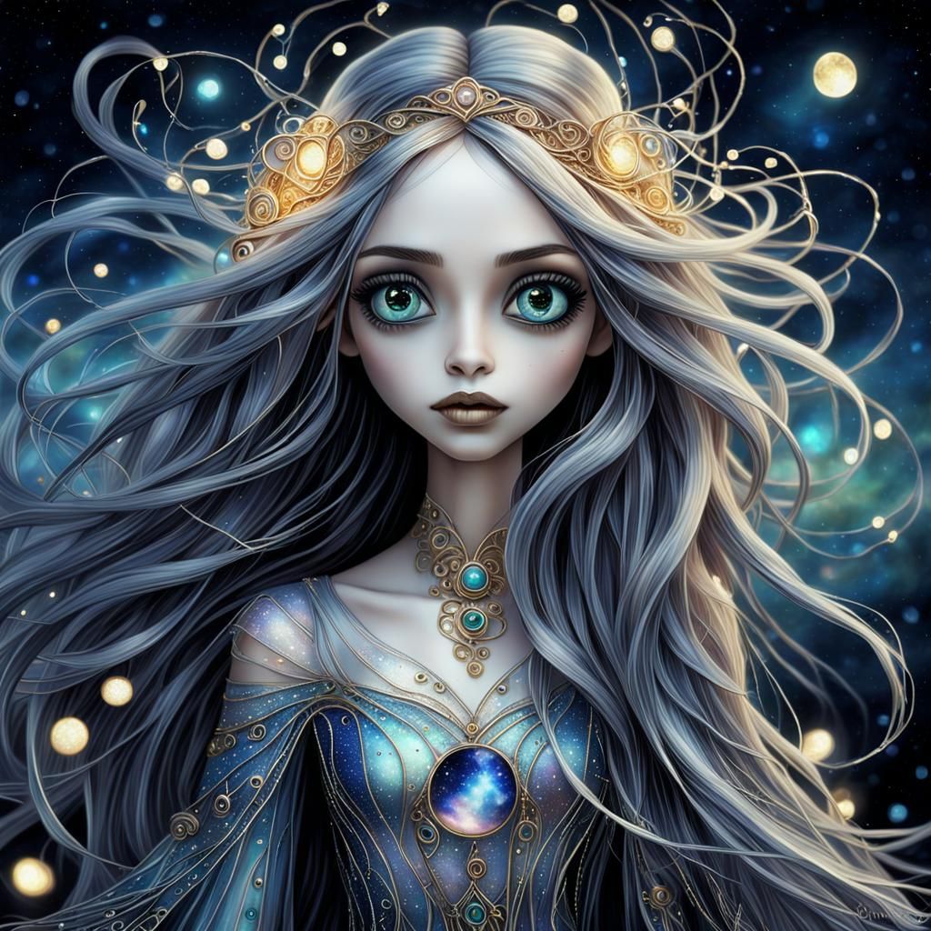Mystical Witch Girl in Cosmic Night Sky