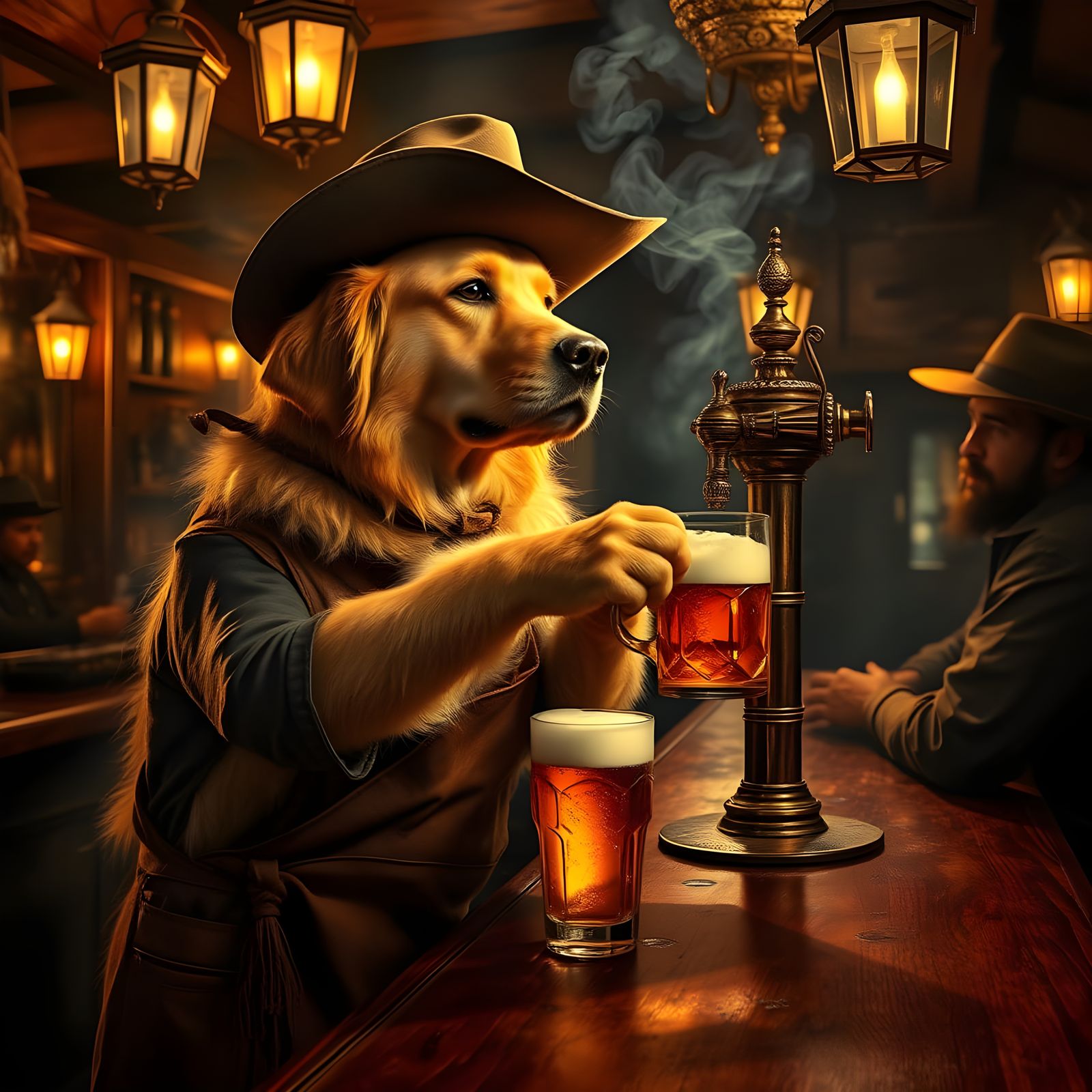A golden retriever as a bartender wearing a cowboy hat in a ...