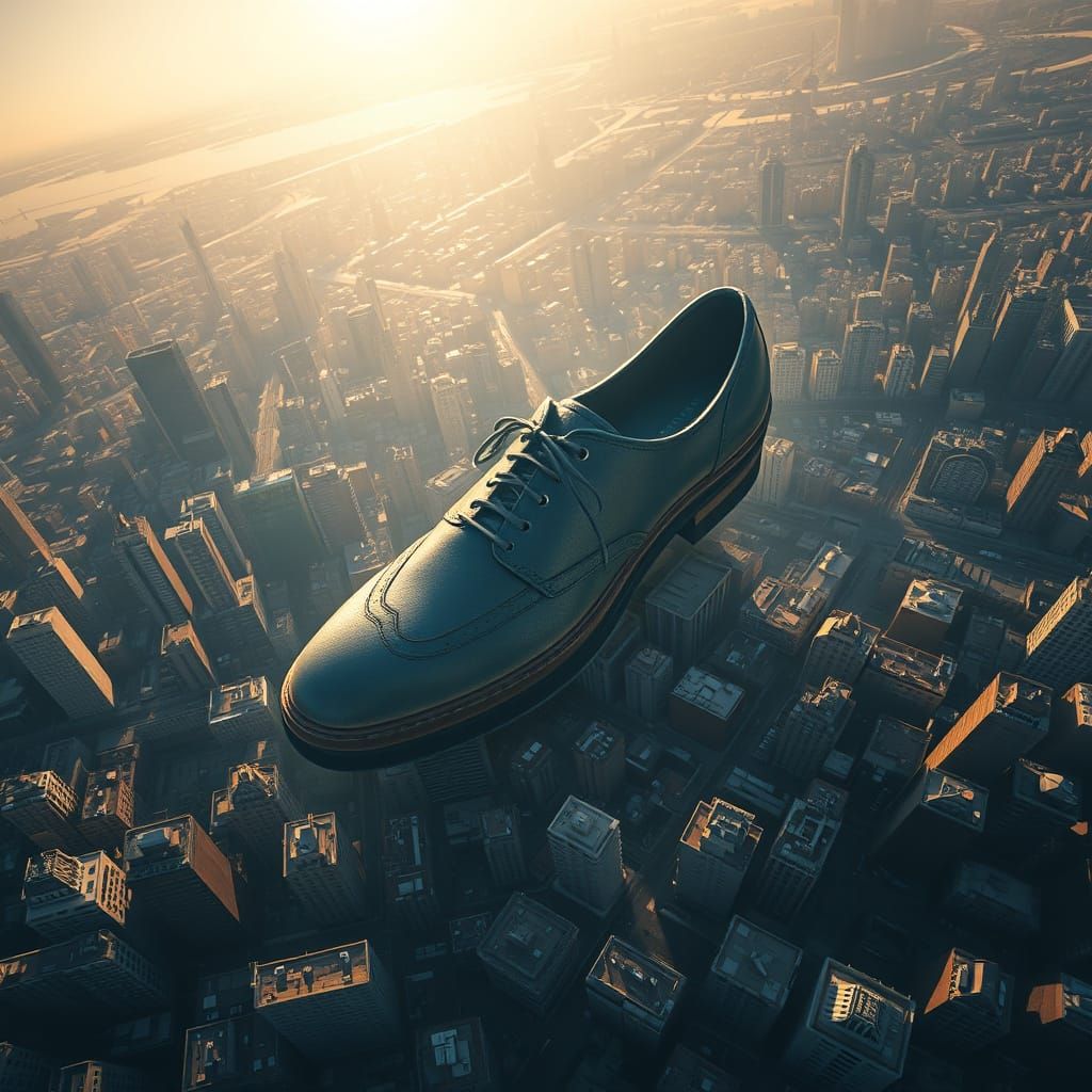 Surreal Shoe Towers Over Photorealistic Cityscape