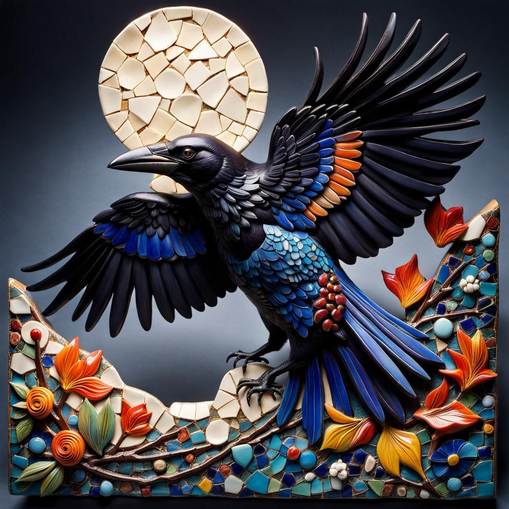 Colorful Ceramic Crow Sculpture in Mosaic Style