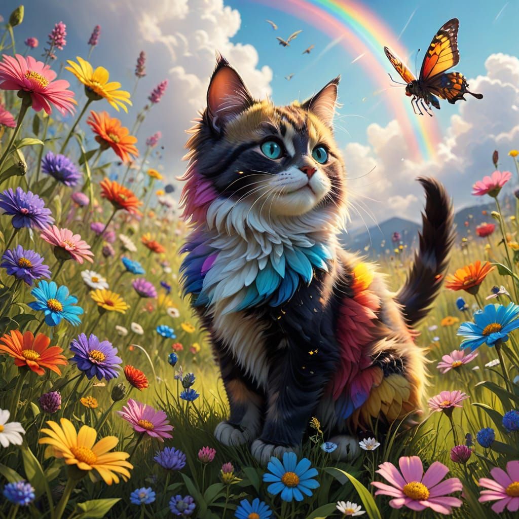 Whimsical Graffiti Cats Soar Above Blooming Meadows in Vibra...