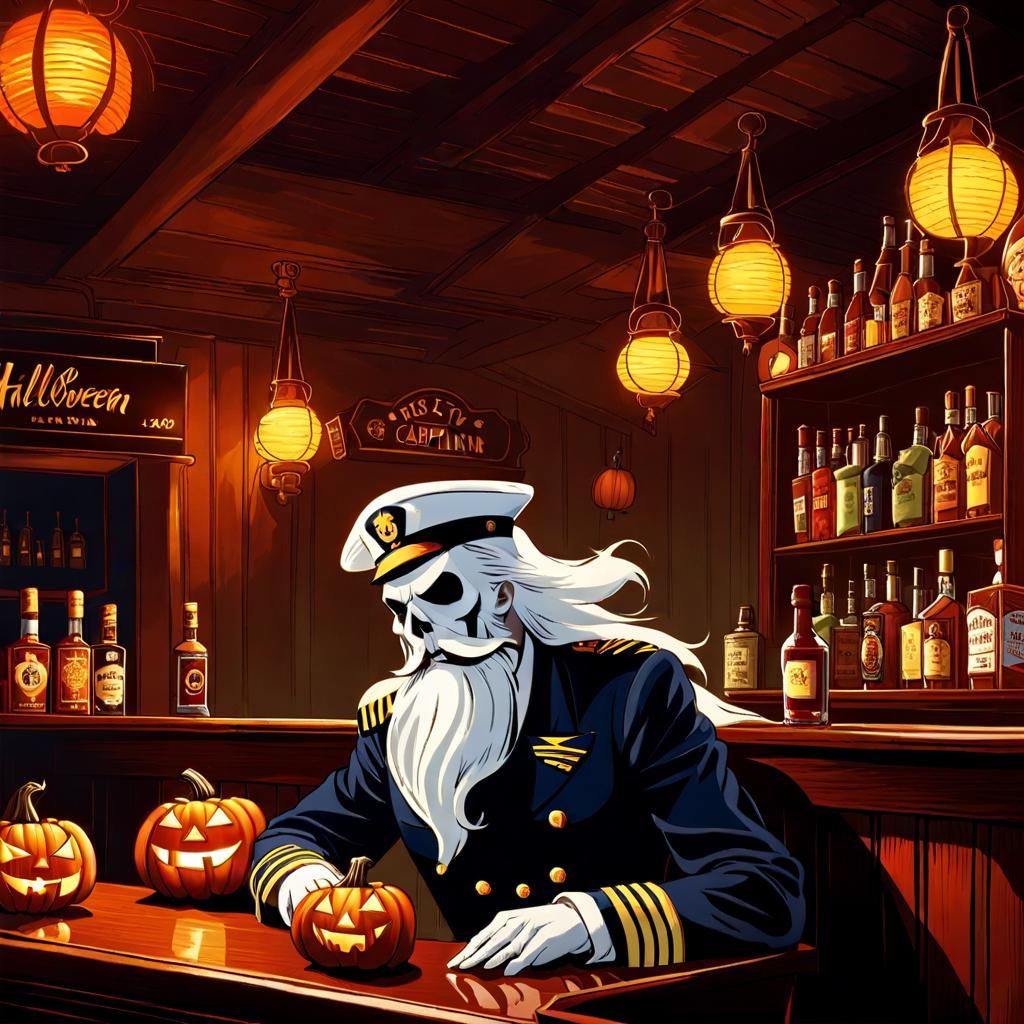 The_sad_Ghost_of_a_1940s Sea Captain sitting alone_ON_HALLOWEEN_WITH_THE_BARTENDER in a sleazy SAILORS bar by the docks,...