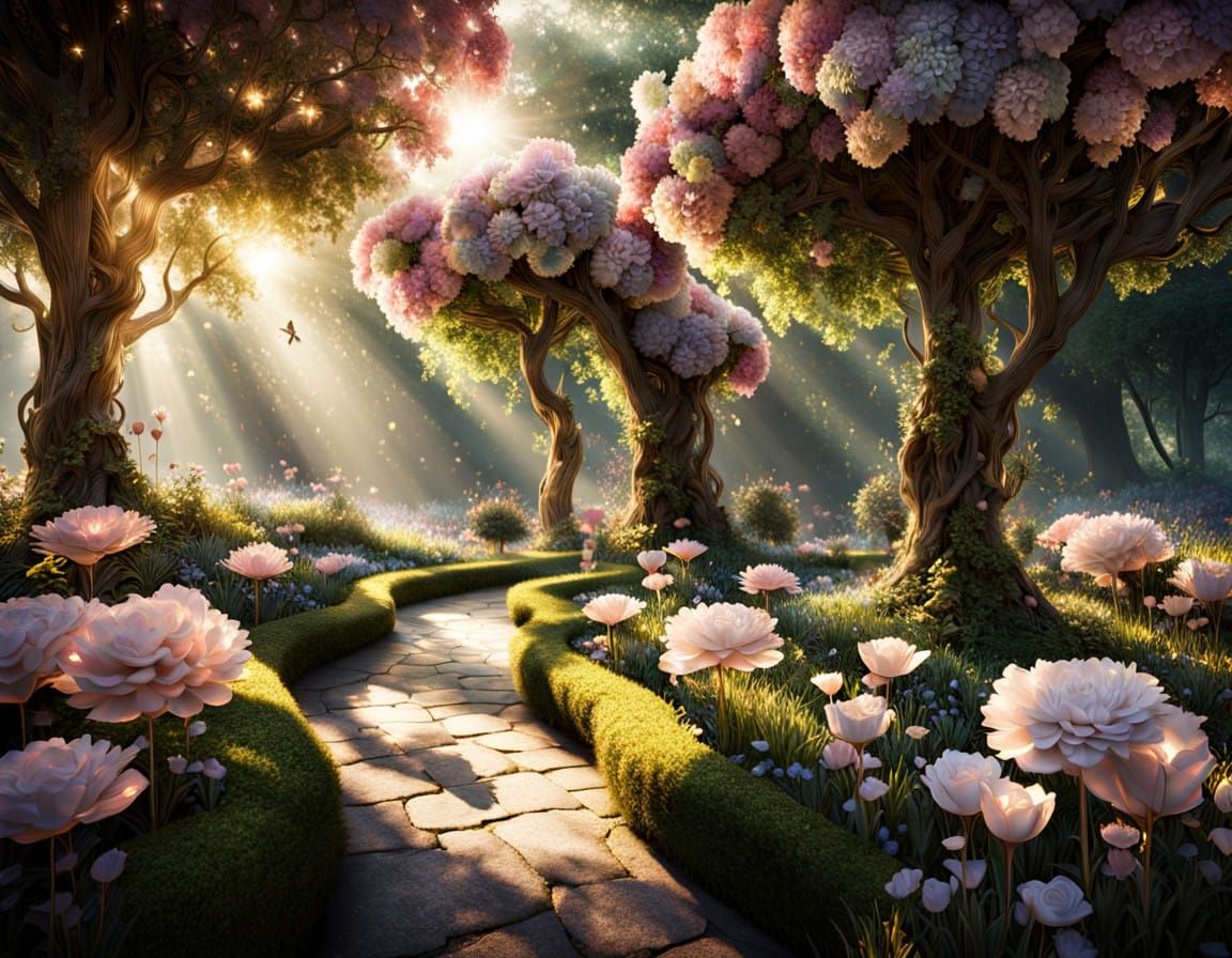 Idyllic Garden Scene with Sparkling Glass Roses and Whimsica...