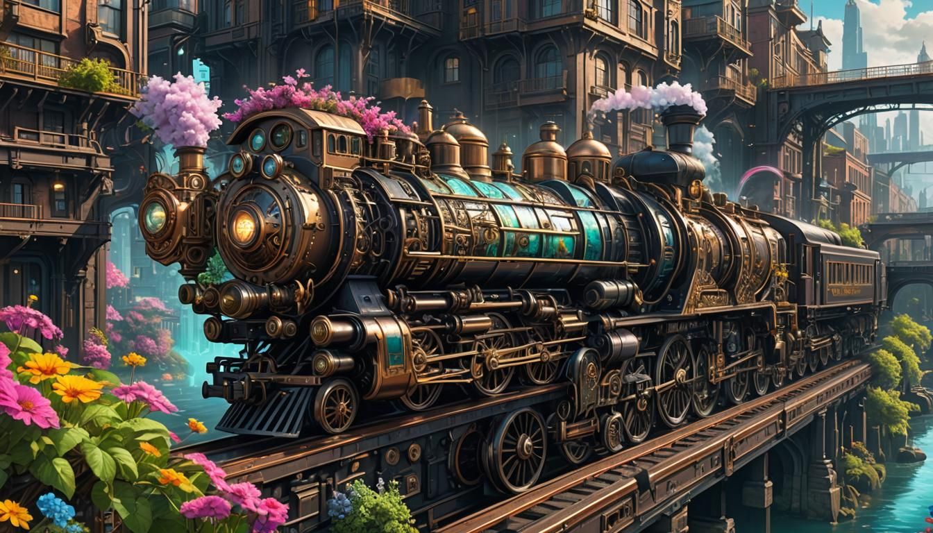 Floral Cyberpunk Train in Steampunk City: Digital Art