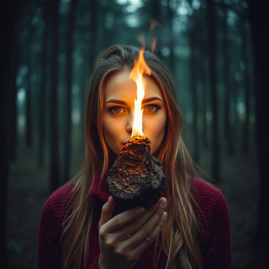 Woman in Forest with Smoldering Meteorite