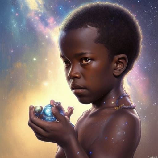 African Prince Wonders at Galaxy, Detailed Fantasy Portrait
