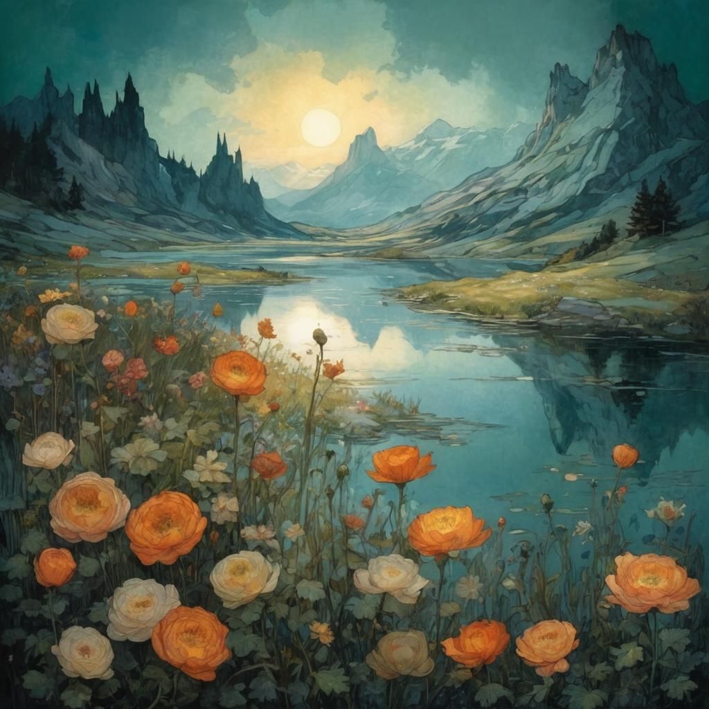 Art Nouveau Lake with Flowers and Mountains