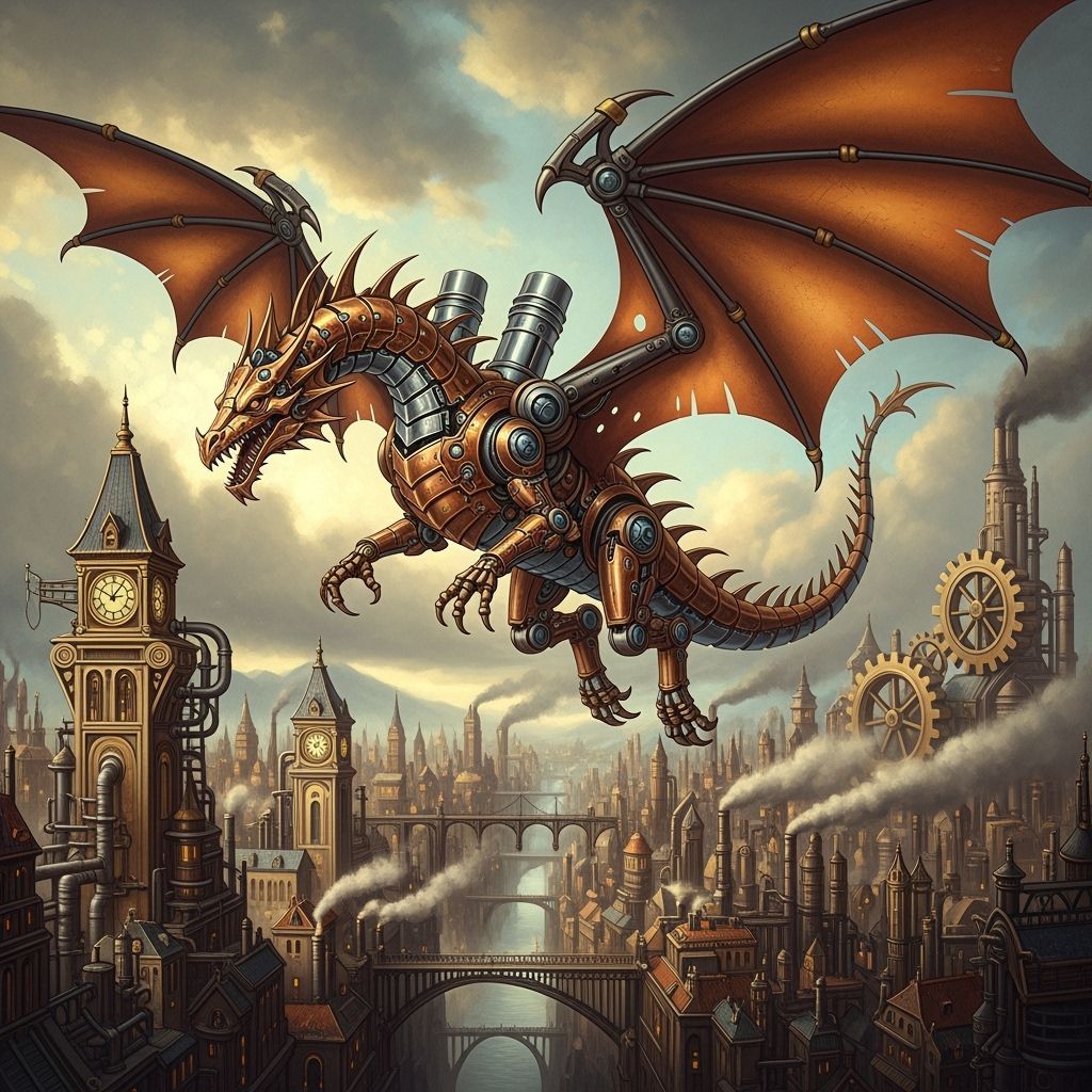 Mechanical Dragon Soaring Over Steampunk Metropolis