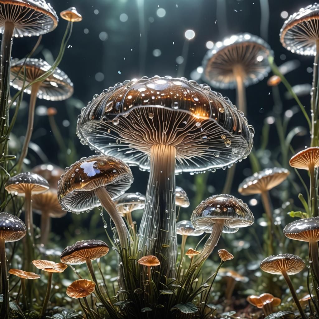 Sparkling Transparent Glass Mushroom in Hyperrealistic Style