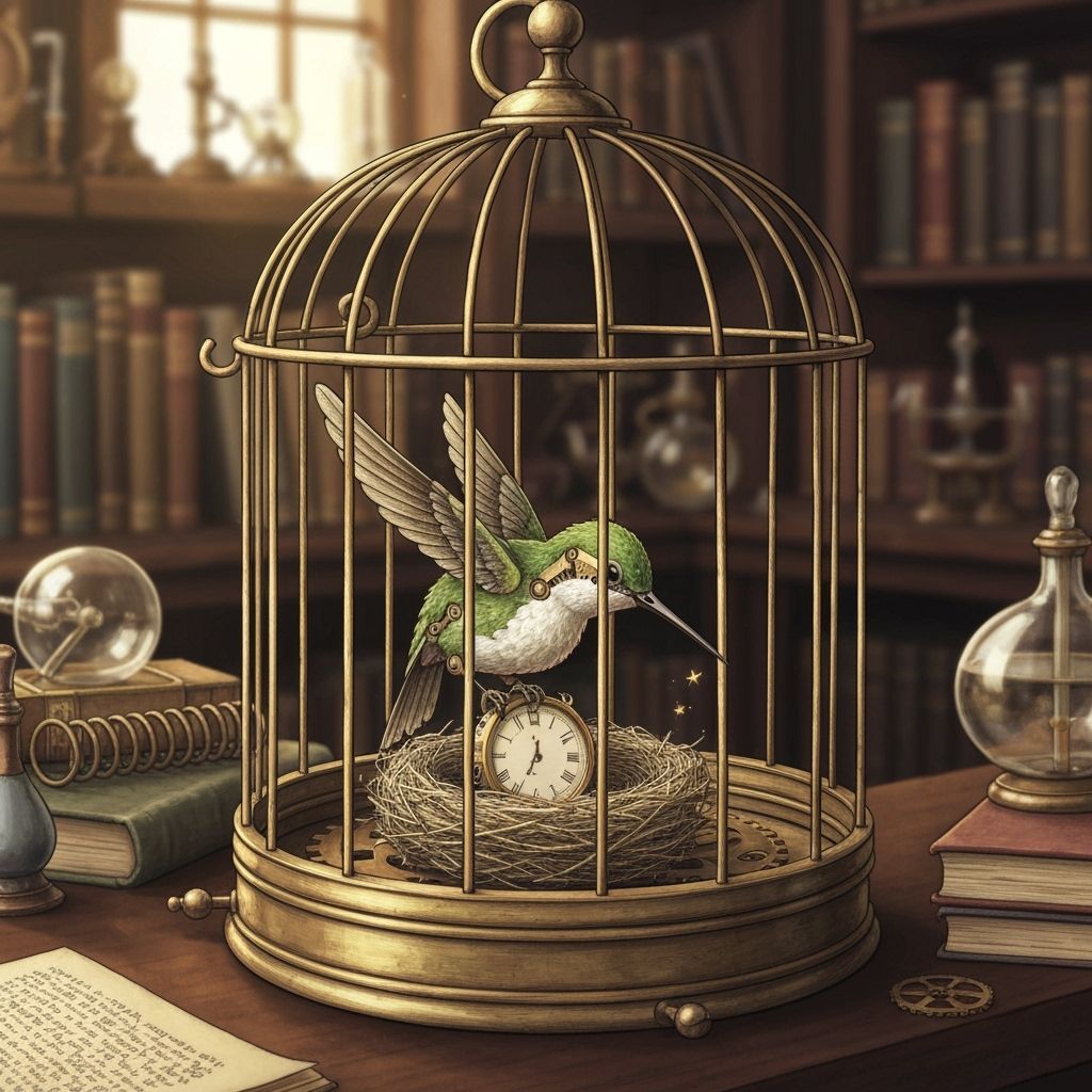 Clockwork Hummingbird Builds Nest in Brass Birdcage