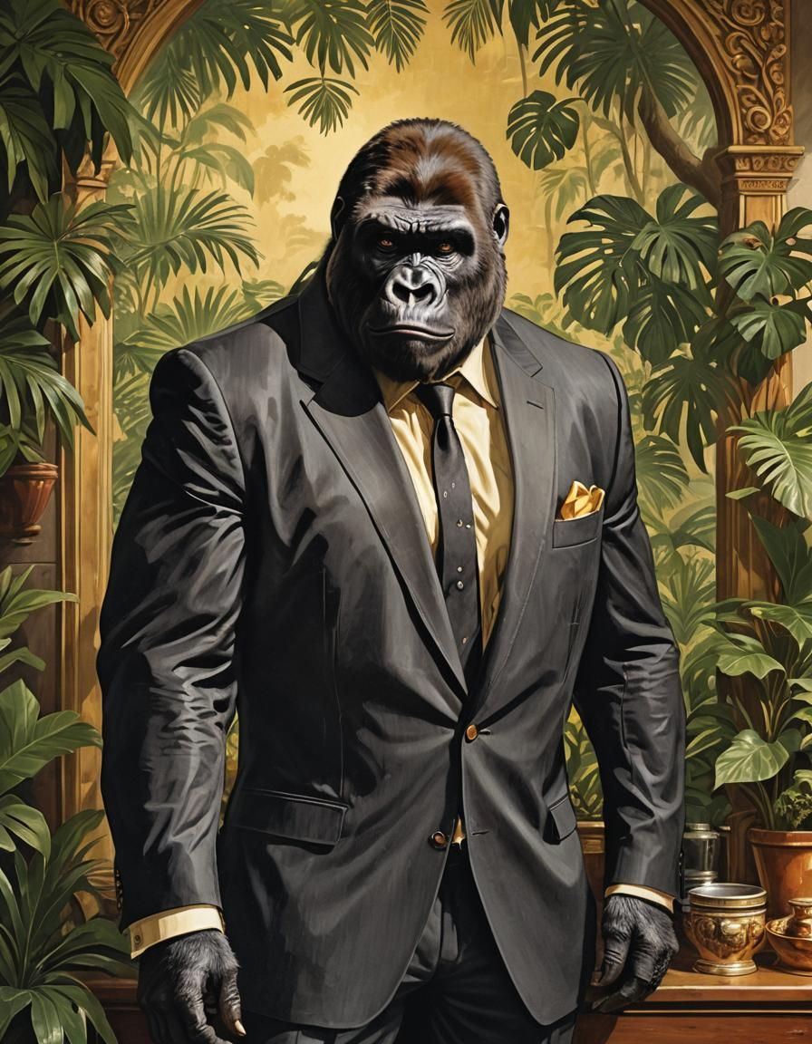 Silverback Gorilla Smoking Cigar in Jungle Kitchen