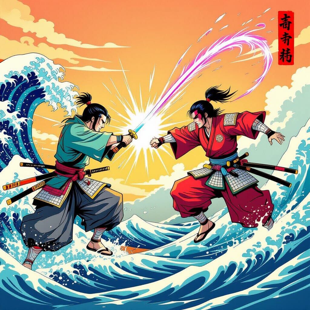 Samurai Battle Mid-Air Over Turbulent Sea