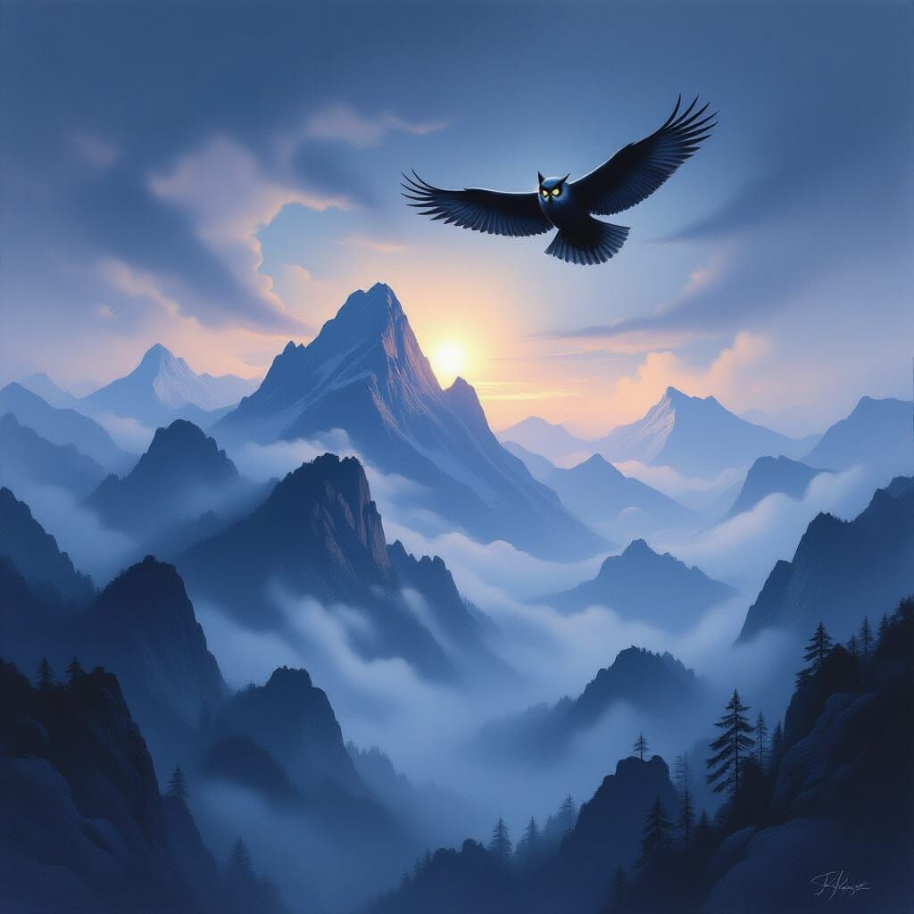 Giant Owl Over Misty Mountains in Ethereal Glow