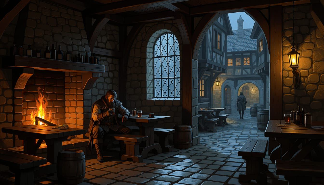 Dim Tavern Interior with Adventurer, Oil Painting Style