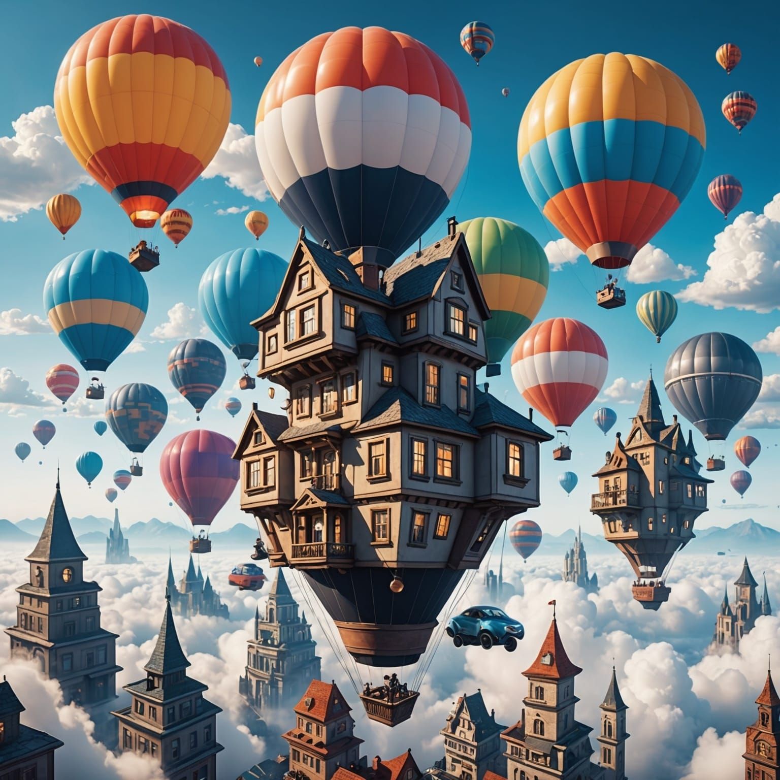 Houses in Balloons Above Futuristic Cityscape