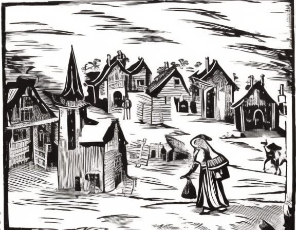 Witch Visits Village in Woodcut Style
