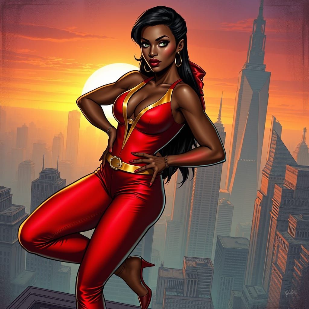 Elegant Black Superheroine in Futuristic Metropolis