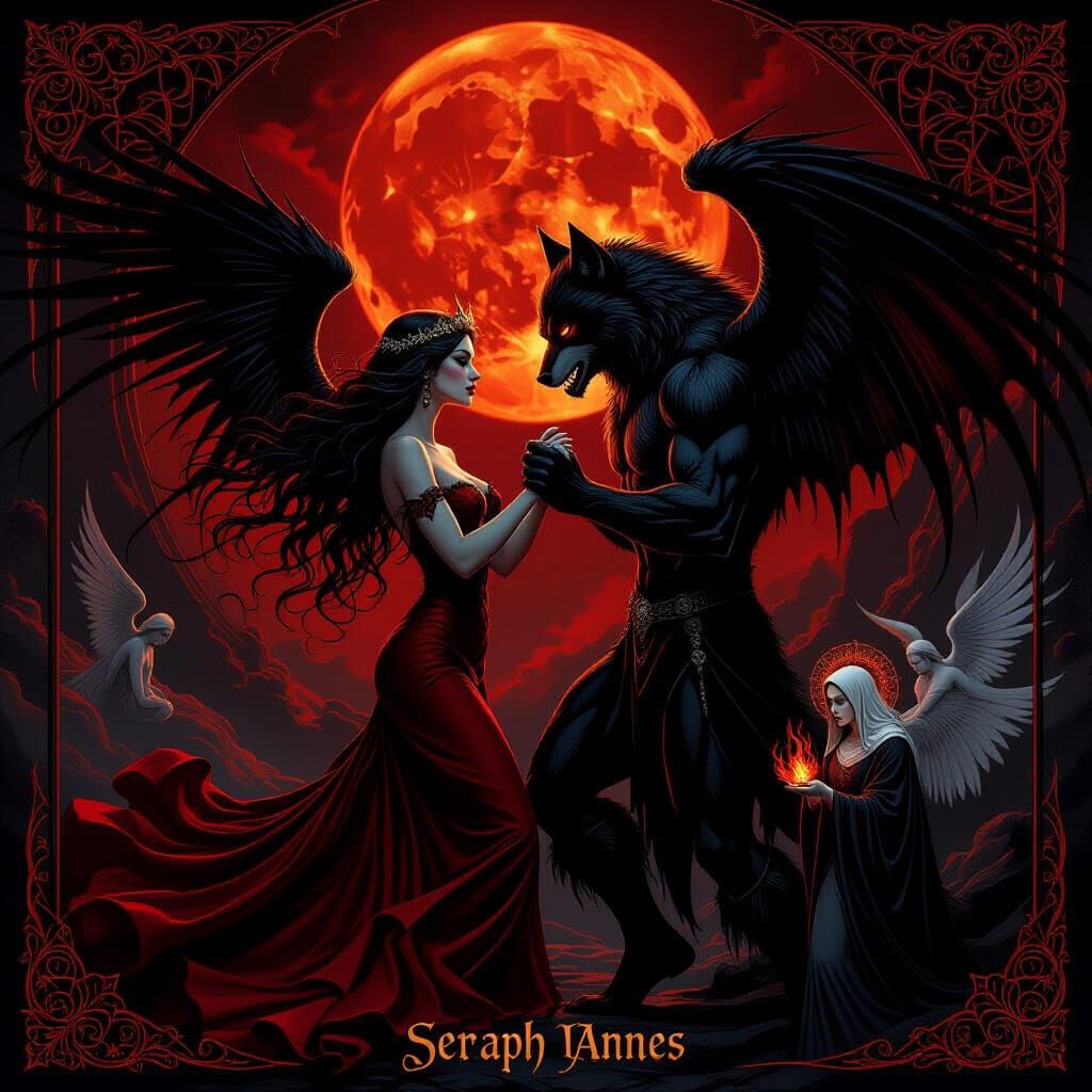 Gothic Vampiress and Werewolf Dance Under Blood Moon