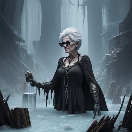 Ice stalagtites, 76-year-old Kathy Bathes as a gothic vampire in an eerie encounter with a horrific draugr embedded in a...