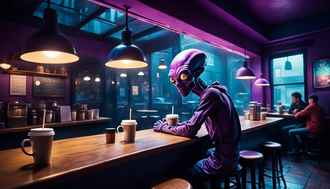 Alien Peering into Coffee Shop in Surreal Style