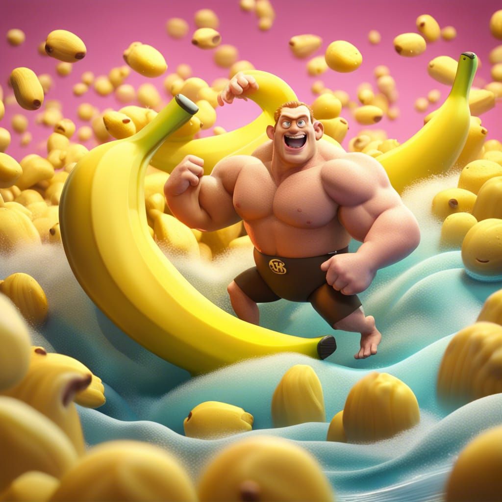 A Banana Bodybuilder Surfing on a Turbulent Sea of Pork and Beans
