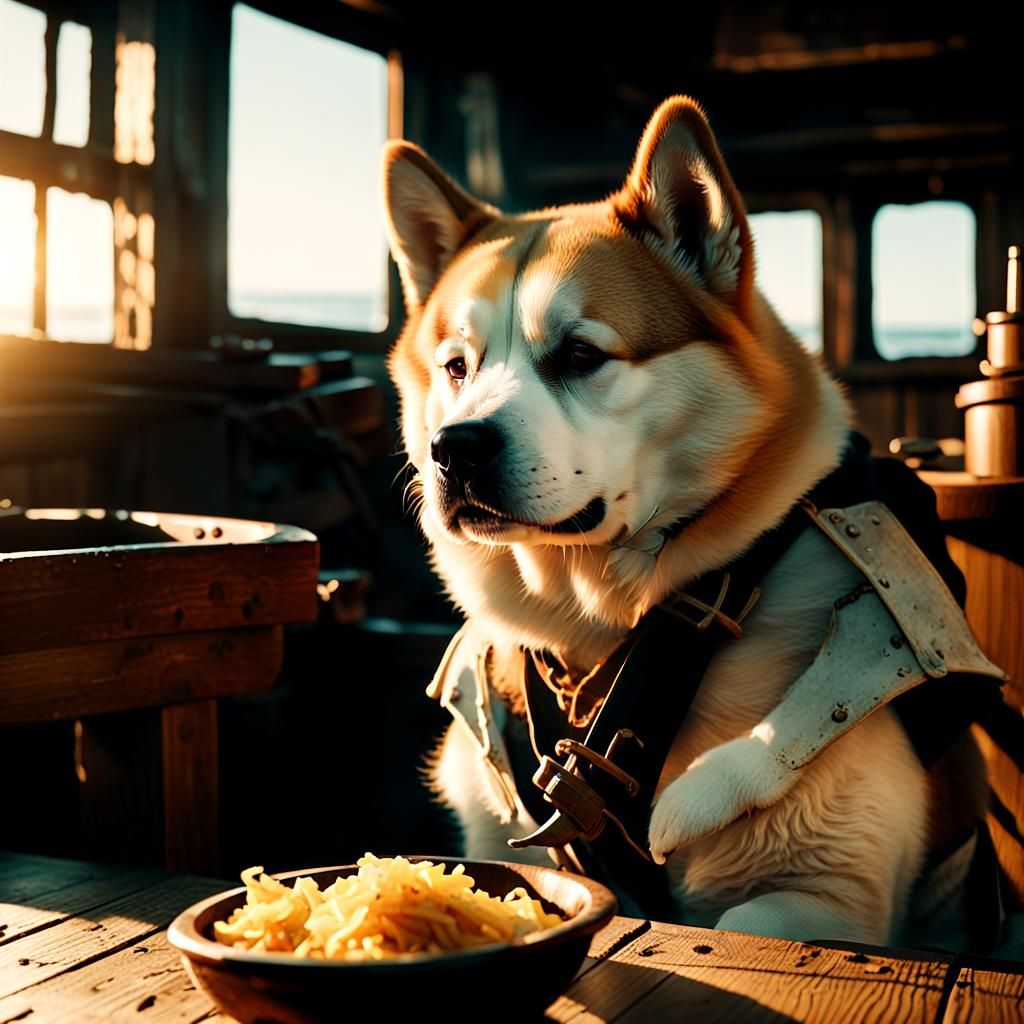 Akita Inu Pirate at Wooden Table on Ship