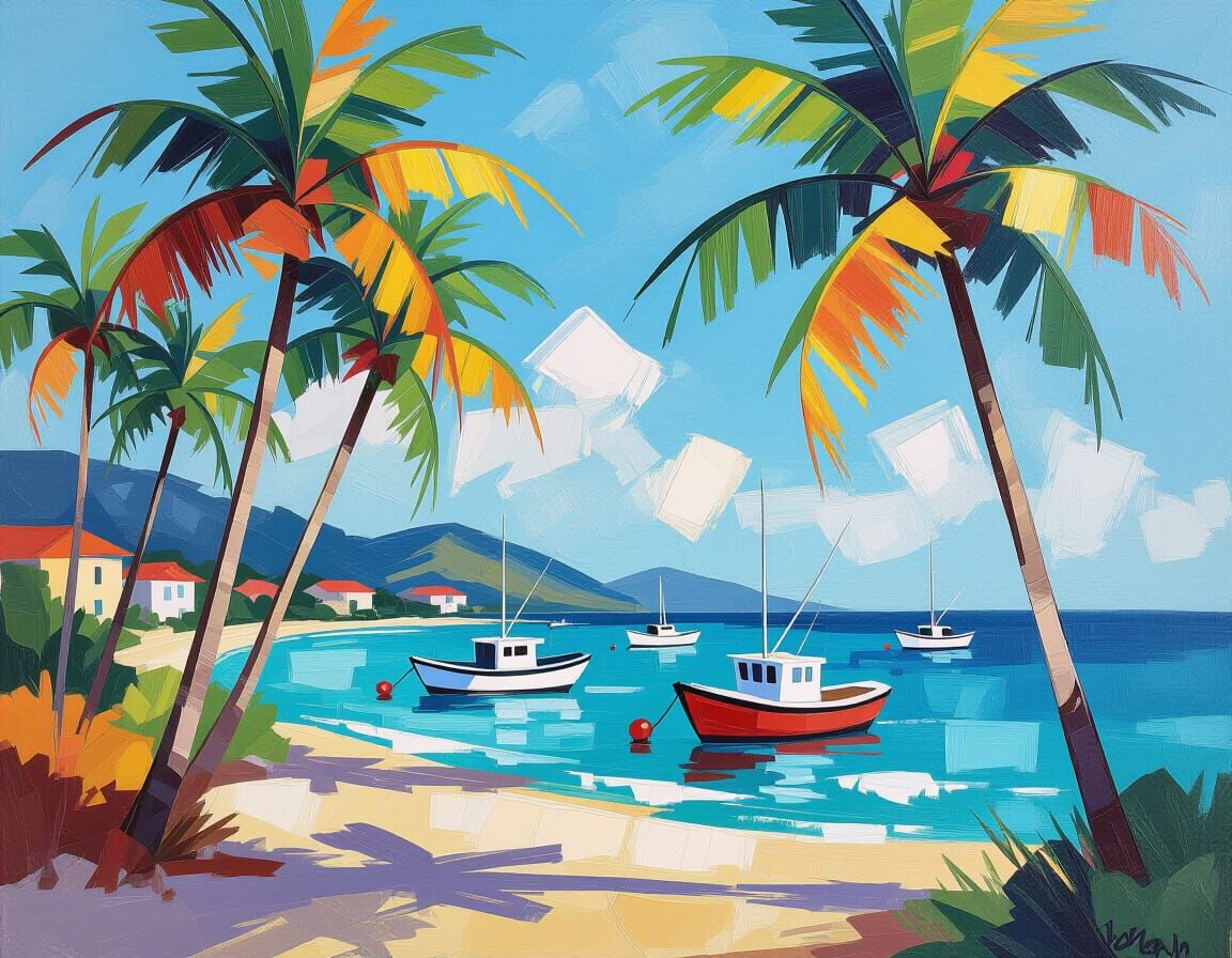 Abstract Minimalist Oil Painting of Palm Trees and Boats