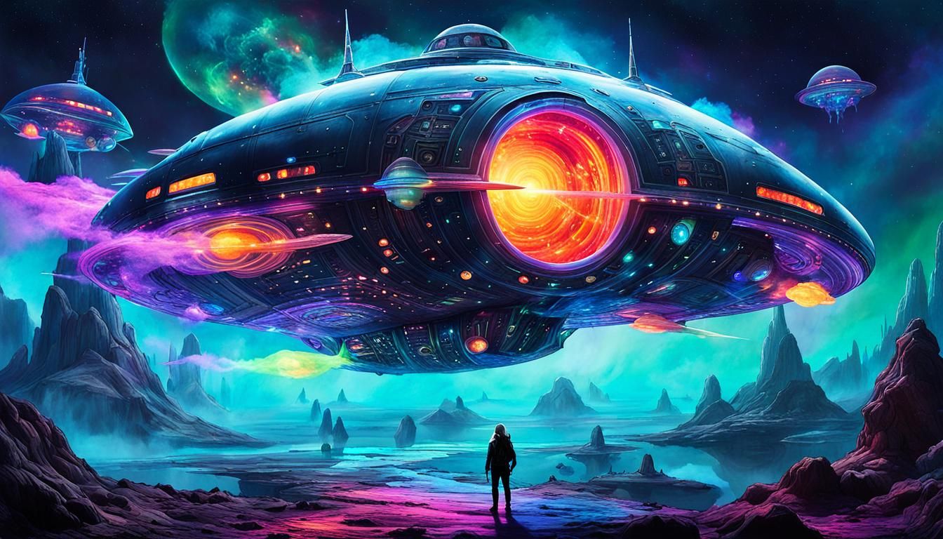 Alien Spaceship Over Bioluminescent Planet in Black Light St...