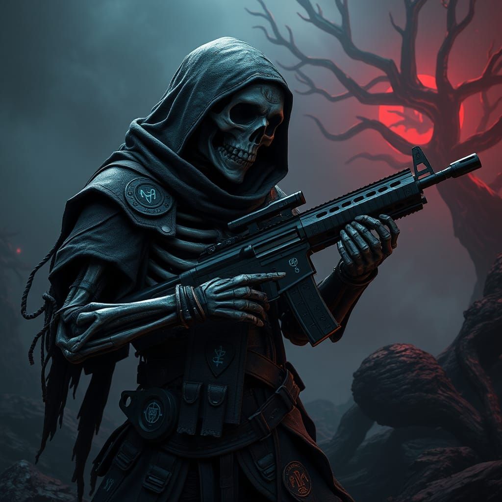 Skeleton Warrior with High-Tech Rifle in Apocalyptic Realm